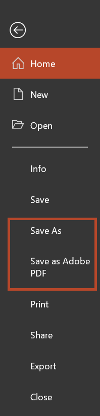 The File menu in PPT with Save as and Save as Adobe PDF highlighted