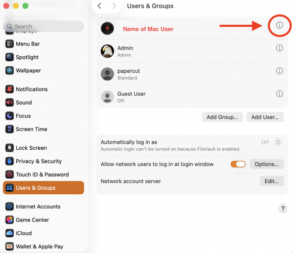 The Users and Groups settings on a Mac with the information icon circled to select.