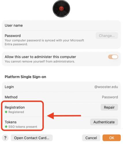 The signed in user account with Registration and Tokens at the bottom showing with a green indicator.