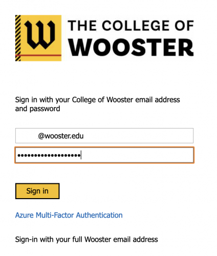 College of Wooster Landing Page for email address and password.