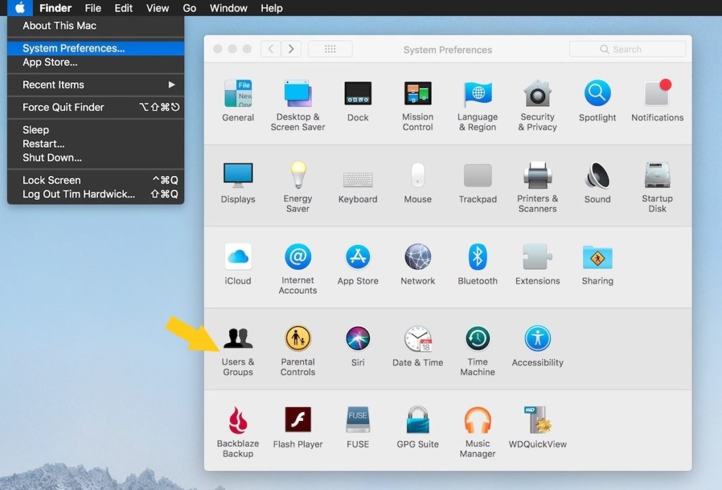 Once System Preference is select the menu will open then select users and groups