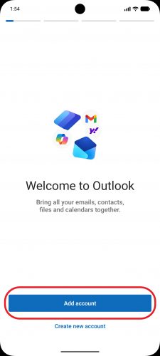 Outlook open with option to Add account circled in red at the bottom