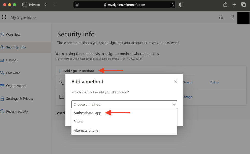 Selecting Authenticator App for verification setup