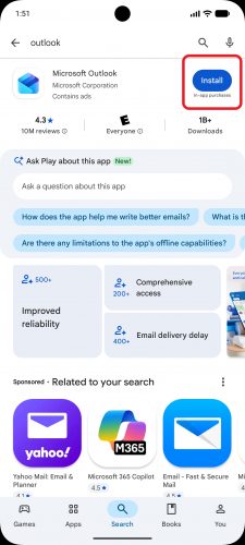 Play Store with option to Install Outlook circled in red
