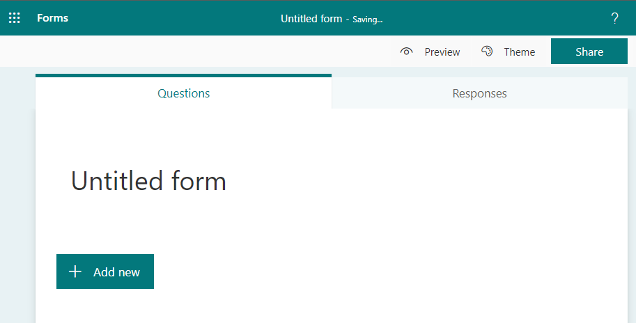 This image shows the untitled from as the Microsoft Forms page is ready for questions.