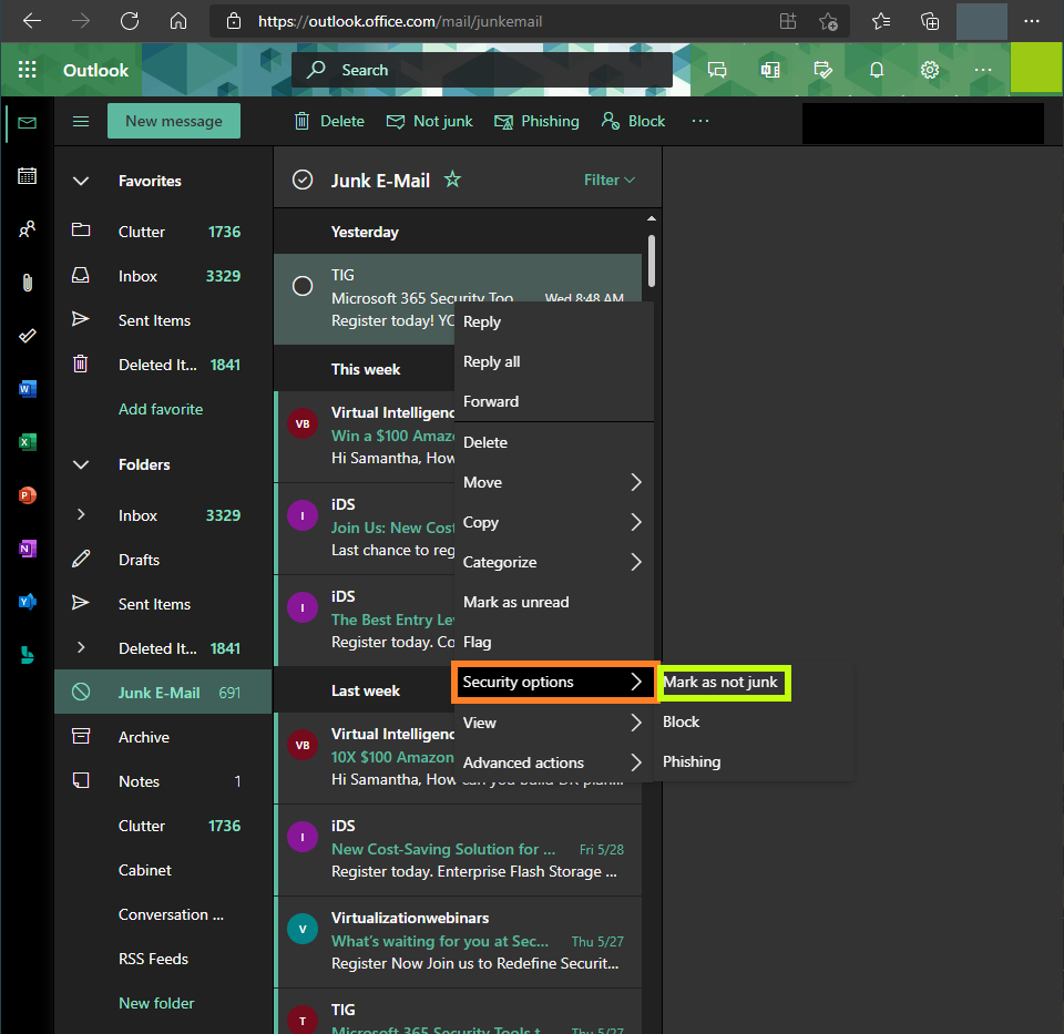 Outlook Web based Application with an email right-click or control click menu open, selecting Security options and select Mark as not junk.