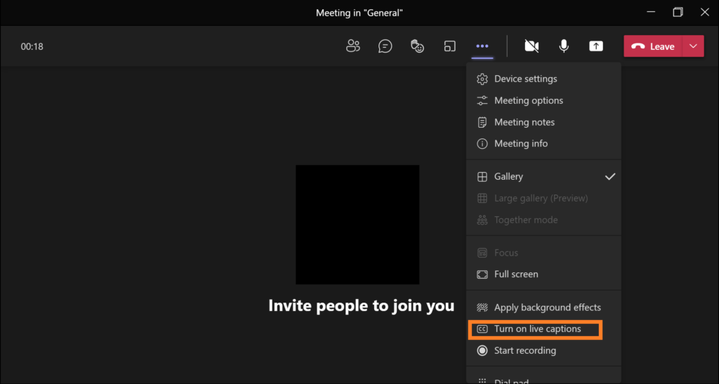 Teams more options menu with turn on live caption highlighted