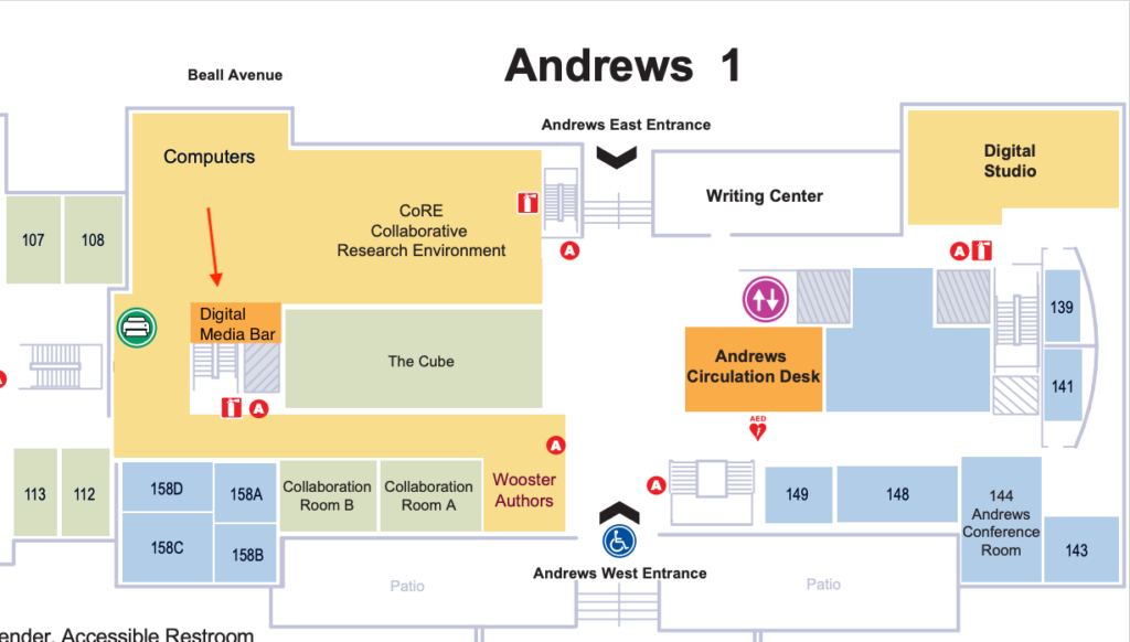 Floor plan of Andrews Library with arrow pointing to the Digital Media Bar.