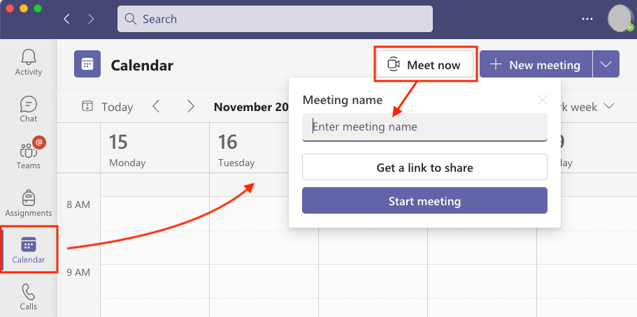 Teams calendar with Meet now option