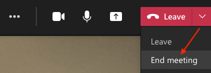Teams meeting with Leave button and arrow to End meeting
