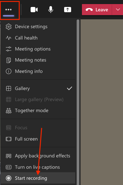 Teams meeting more options selected with an arrow to start recording