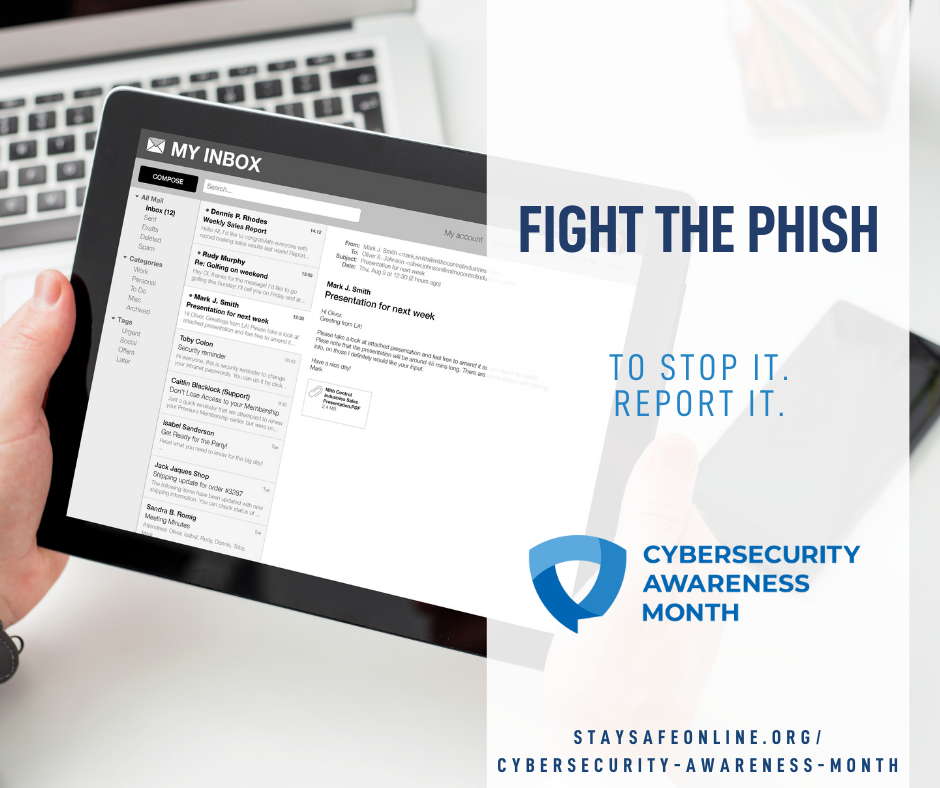 Fight the Phish image with a person looking at a phishing email on a tablet.