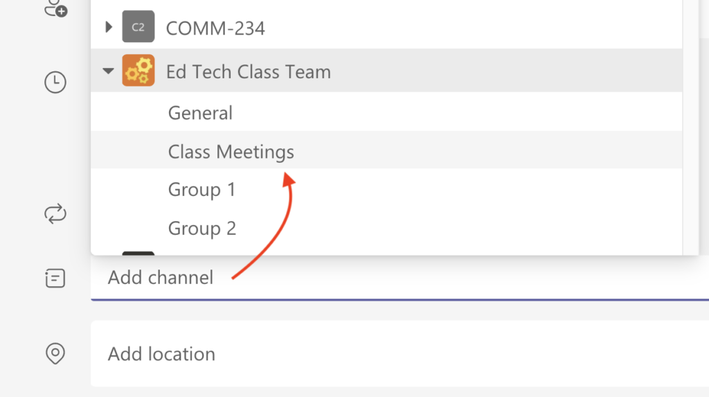 image of Team meeting select a channel