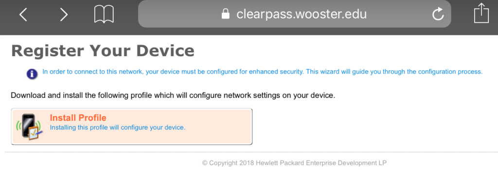 ClearPass page with Install Profile button