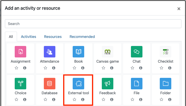 Add an activity or resource in Moodle with External tool highlighted