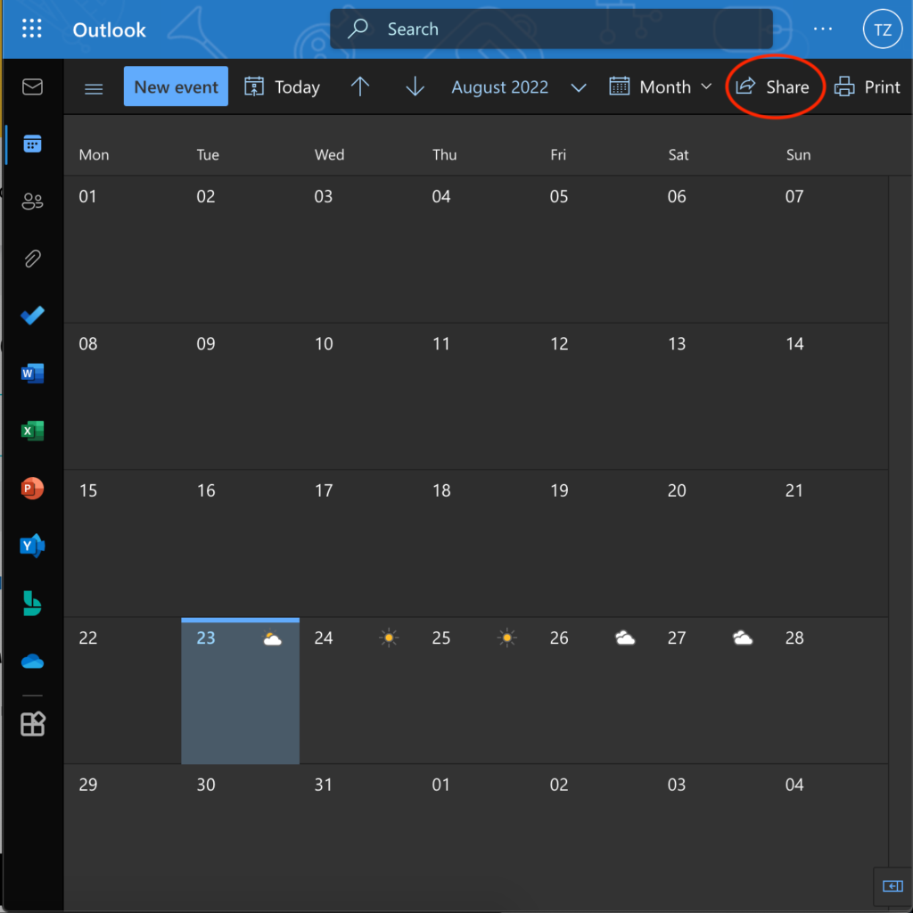Image of Calendar tab in Outlook. The share button is located near the top-right corner of the page.