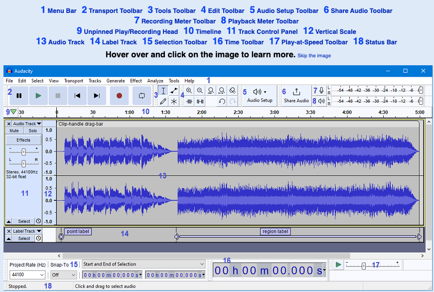Audacity 3.2 Project Window with labels and descriptions of the tools