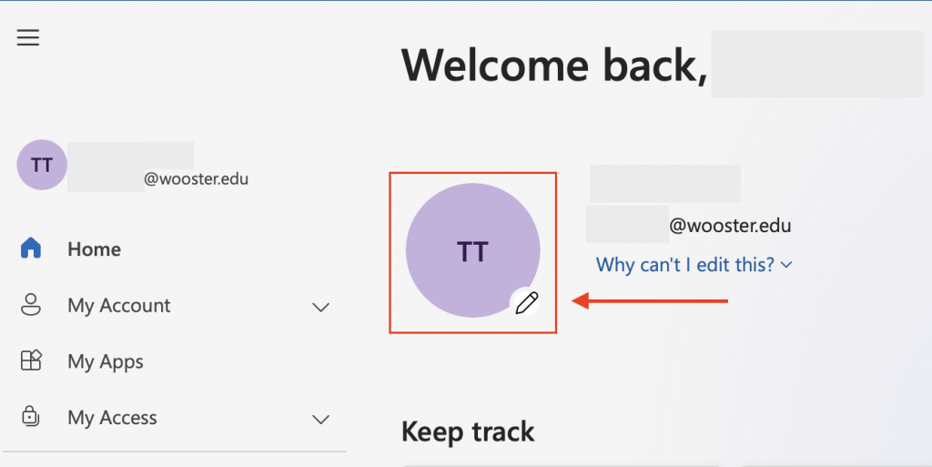 The landing page for myaccount.microsoft.com with the profile picture shown outlined in the center and an arrow pointing to it.