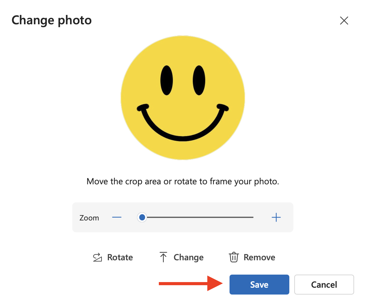 The Change photo dialog with an uploaded picture shown and the option to save marked with an arrow at the bottom.
