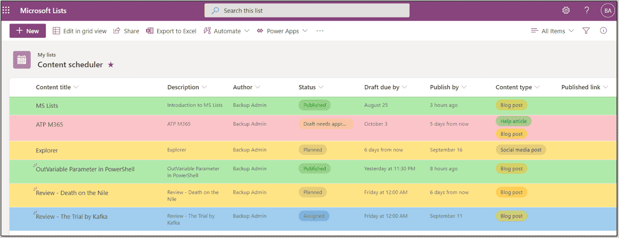 Microsoft List Work content scheduler example