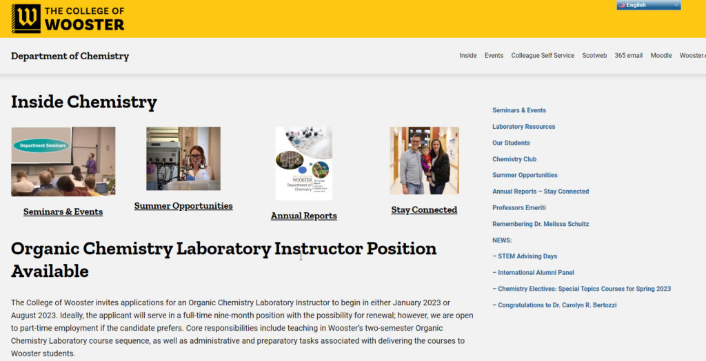 Screenshot of Chemistry Department homepage