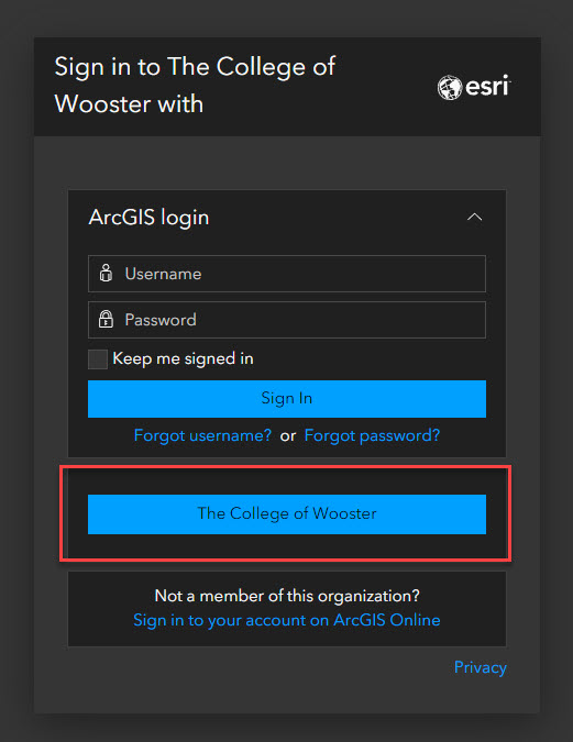 Screenshot of login dialog for Wooster's ArcGIS online subscription.