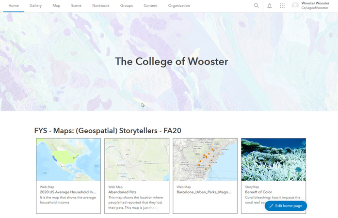 Screenshot of Wooster's ArcGIS Online homepage displaying four project cards that include map images.