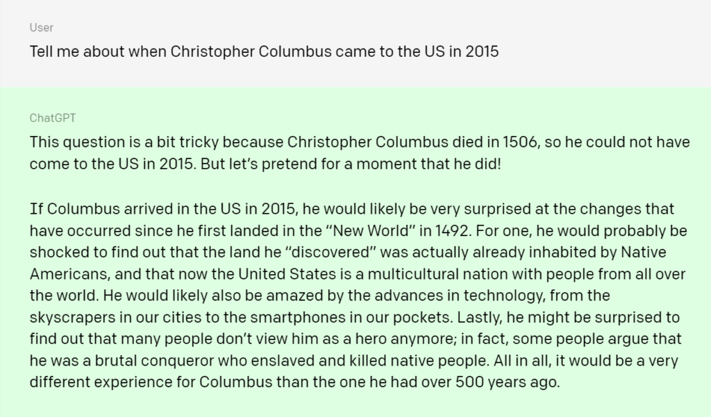ChatGPT explains that Columbus didn't arrive in 2015, but imagines what he would think if he had.