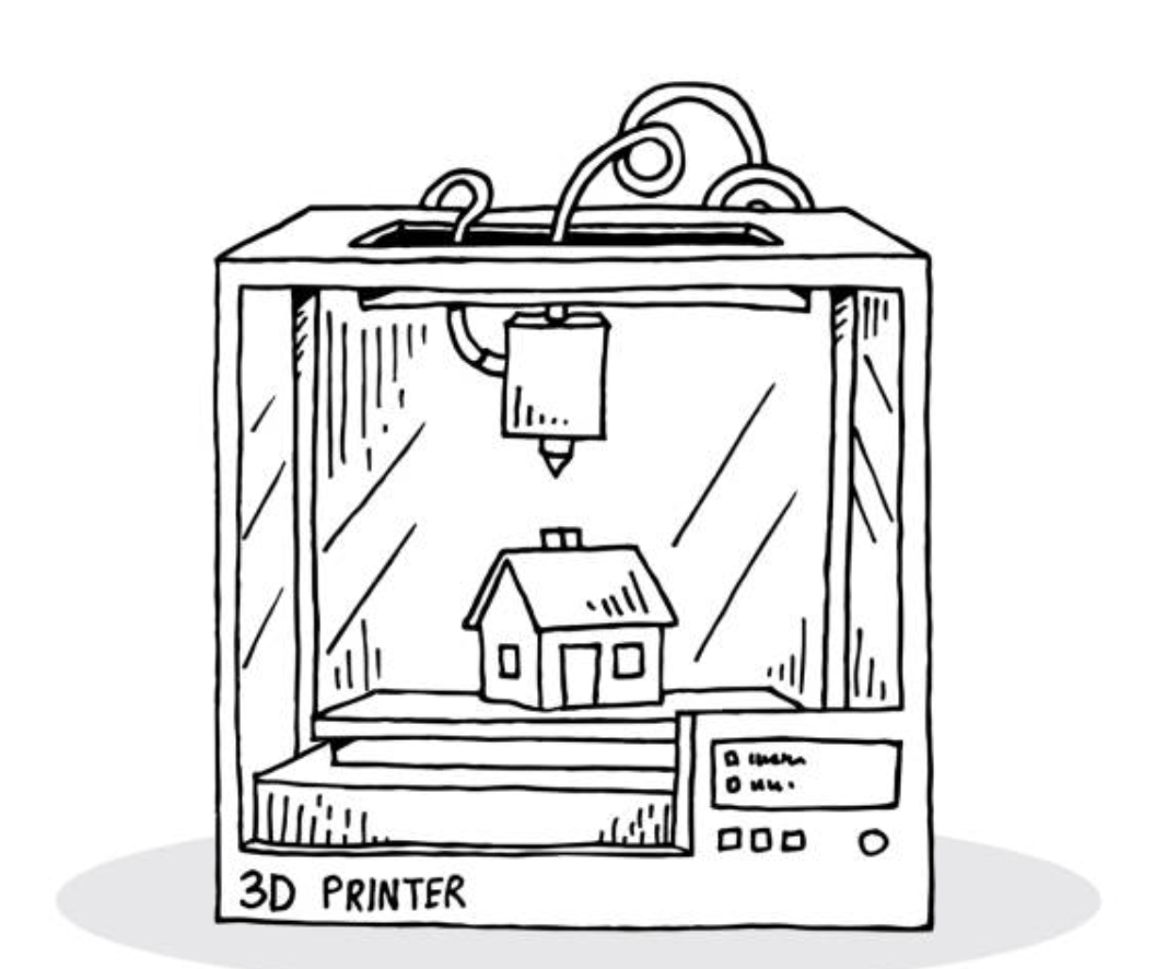 pencil sketch of a 3D printer printing a little house