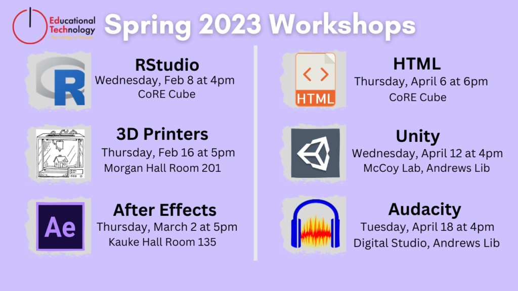 6 workshops listed with software icons and date/time/location info