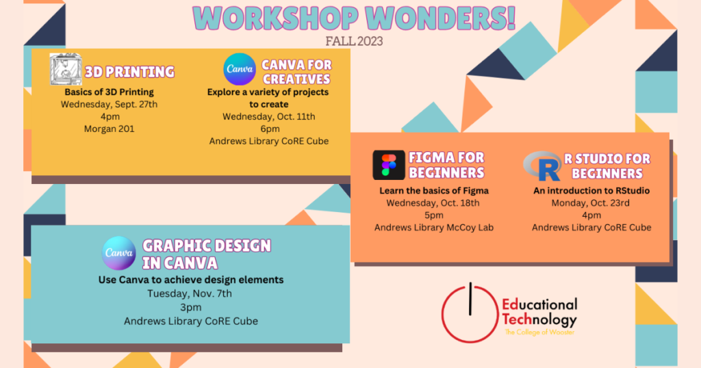 colorful image with 5 workshop offerings including date/time/location info