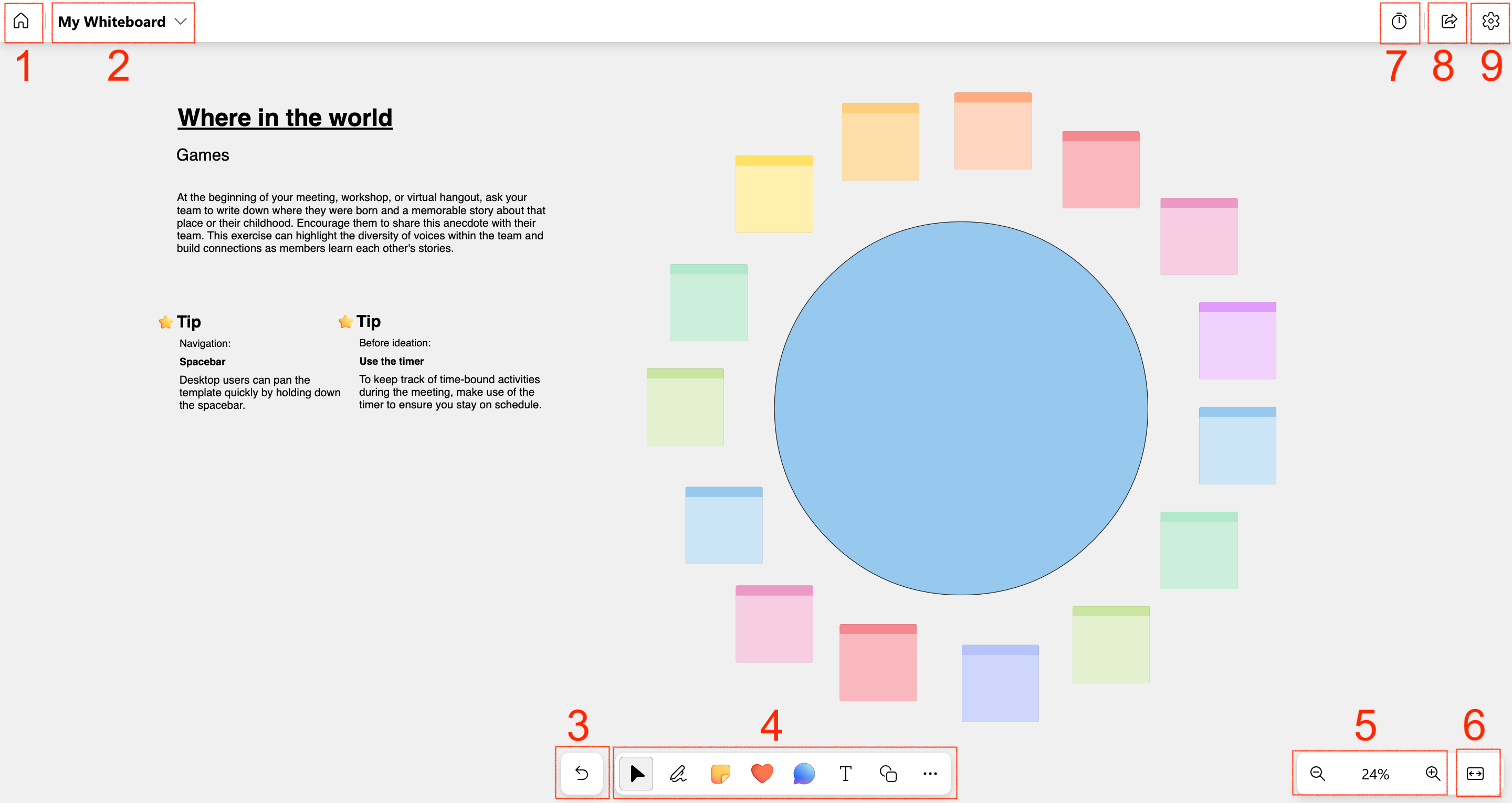 Microsoft Whiteboard interface with various features highlighted