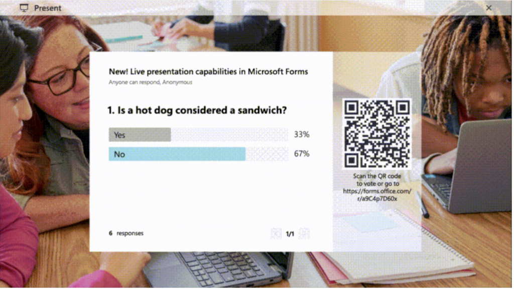 This image shows an example of the live presentation capabilities in Microsoft Forms. On the left, the form gives a question with the Yes and No results in percentages. On the right, the QR code is displayed for users to vote. On the bottom of the form, it shows how many people submitted their responses.