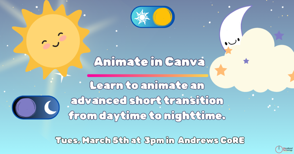 A smiling sun and glowing moon joyful for the Animate in Canva workshop.
