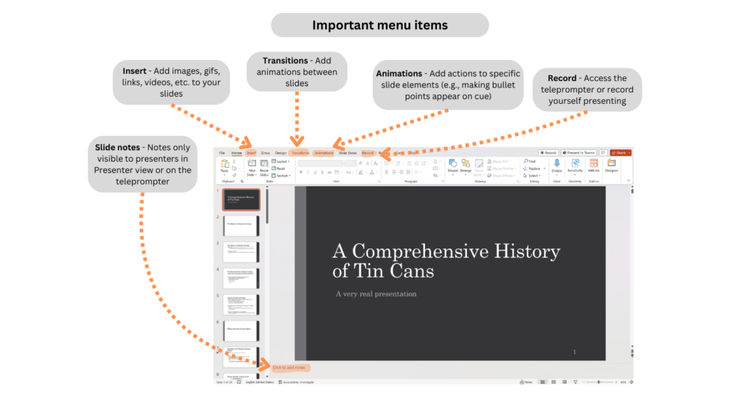 An image of the Powerpoint interface with several objects highlighted: The insert tab, for adding images, etc. Transitions tab - adding transitions Animations - Adding movement to elements Record - Access the teleprompter Slide notes - The field where you type slide notes