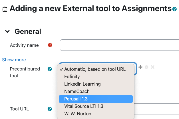 screenshot of adding an external tool like to Perusall from a Moodle course