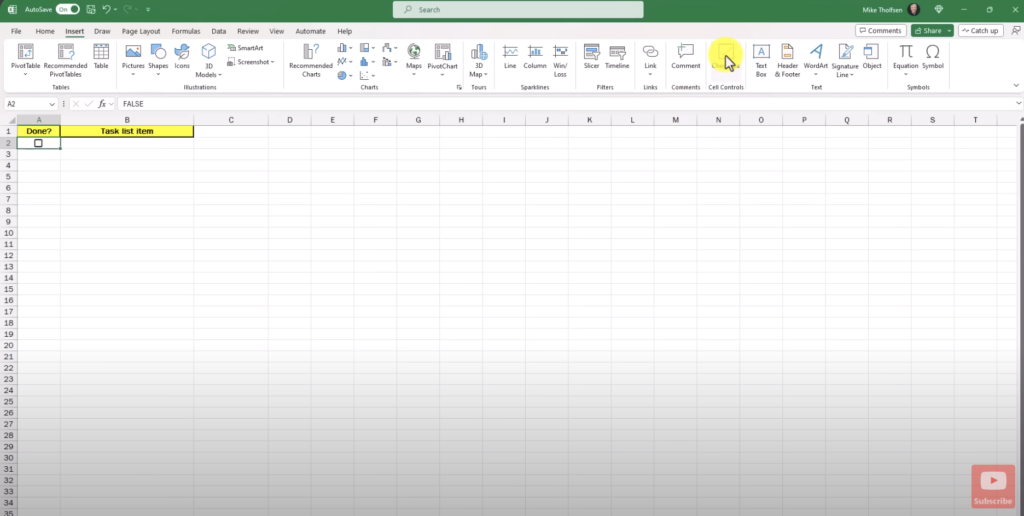 Checkboxes in Excel. Image from YouTube video.