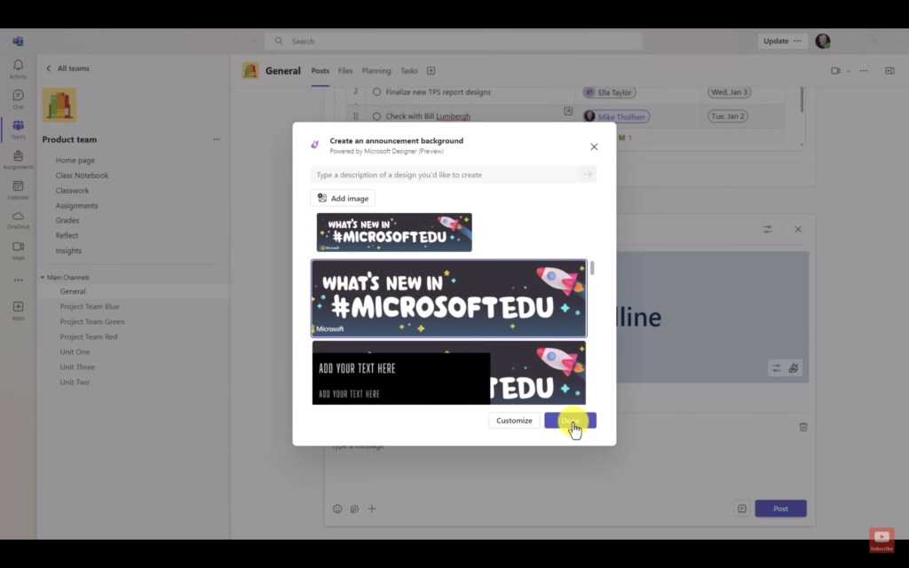 Screenshot of the Teams pop-up window to create an announcement background