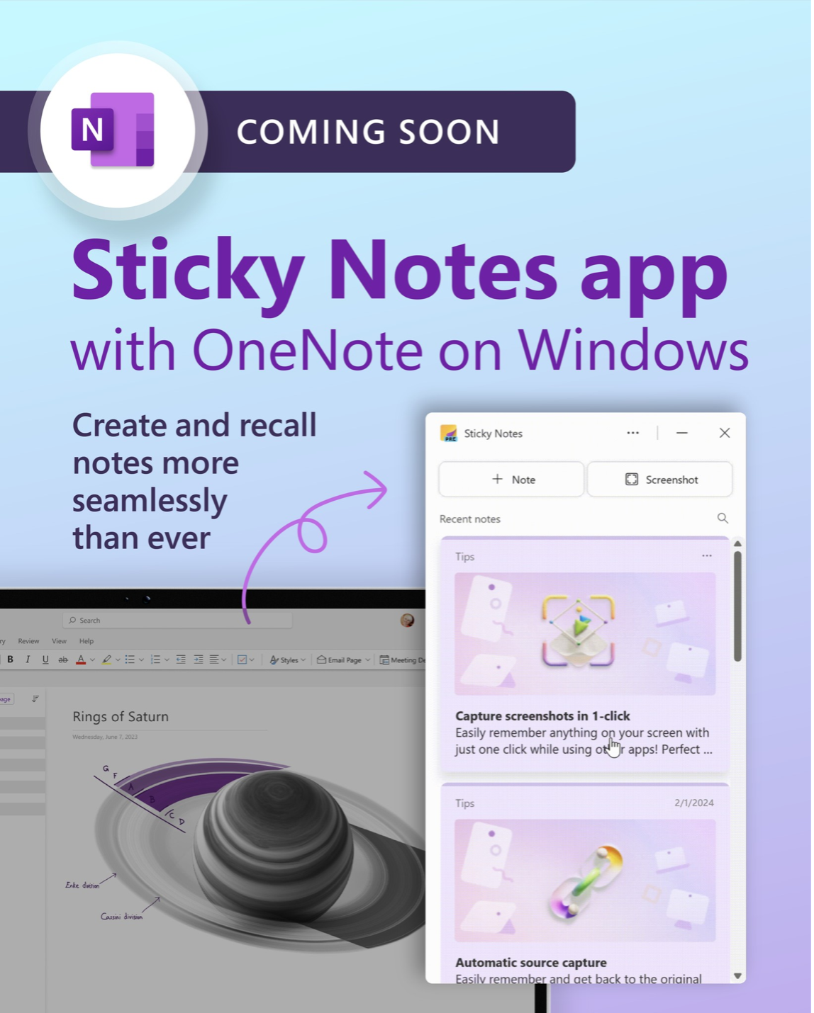 image Microsoft OneNote and screenshot and text that Sticky Notes are coming to OneNote for Windows