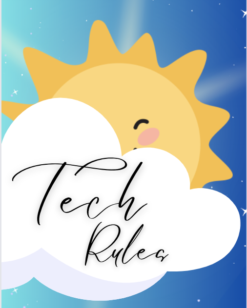 smiling cartoon sun behind cloud with script text "Tech Rules"