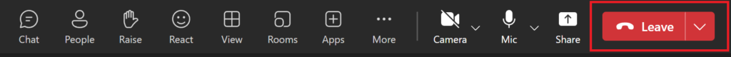Teams Meeting navigation bar with the Leave button highlighted.