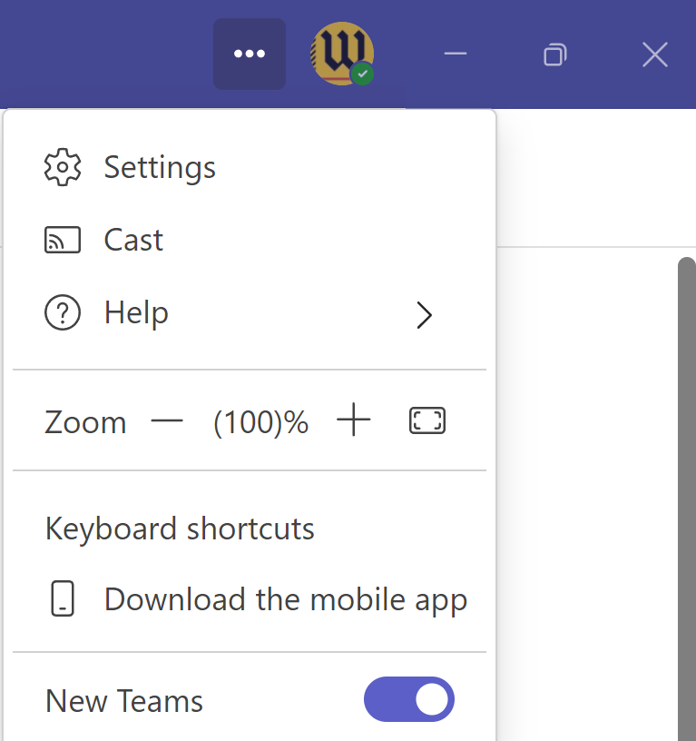 Drop down menu from the three dots in the top right corner of Teams