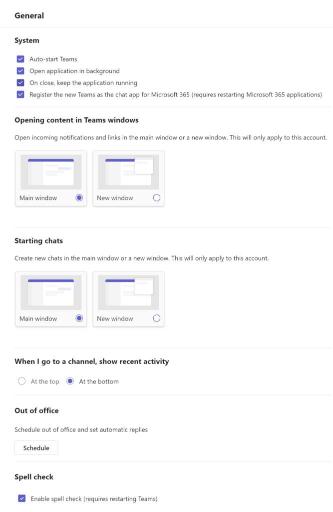 General Settings within Teams Desktop Application