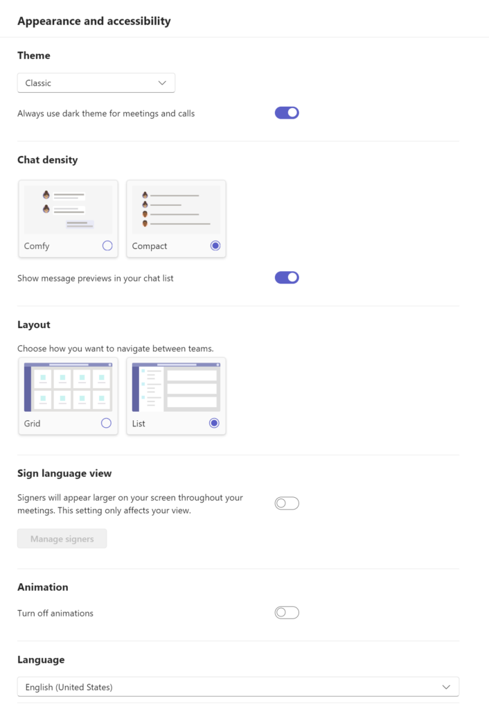 Appearance and Accessibility settings in Microsoft Teams Desktop Version