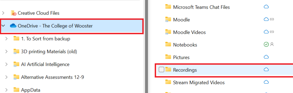 Side by side view of the location of a OneDrive int he College of Wooster, and the Recordings folder in a windows desktop file explorer