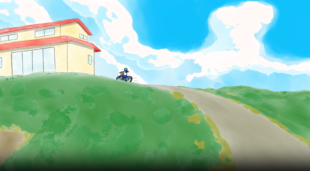 OpenToonz girl in background on a motorcycle heading toward a building