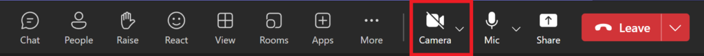 Teams meeting navigation bar with Camera highlighted