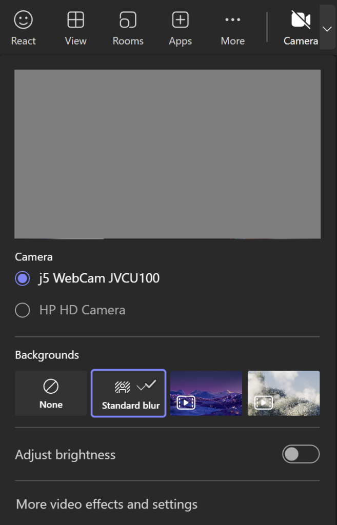 Camera settings within a Teams Meeting