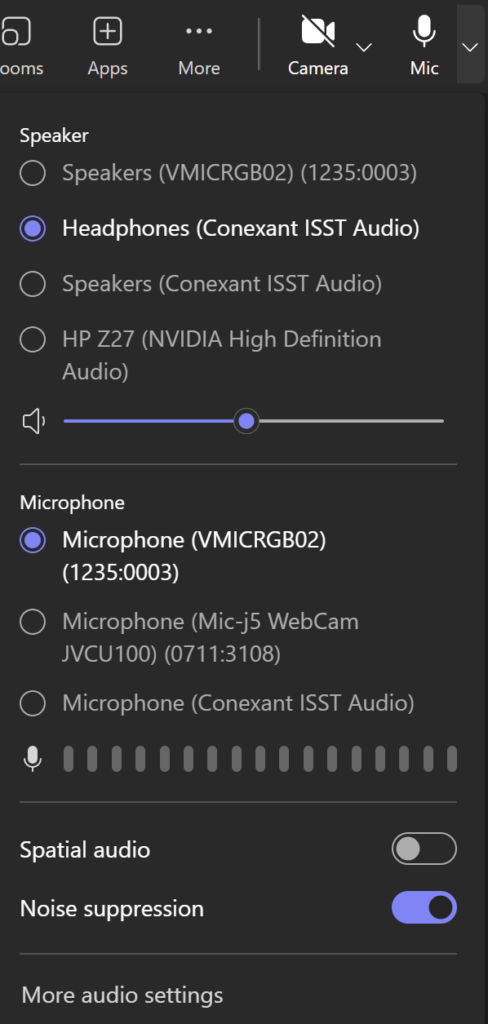 Audio settings within a Teams Meeting