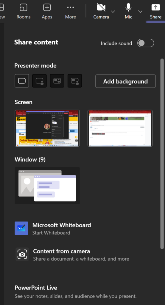 The settings for sharing within a Teams Meeting